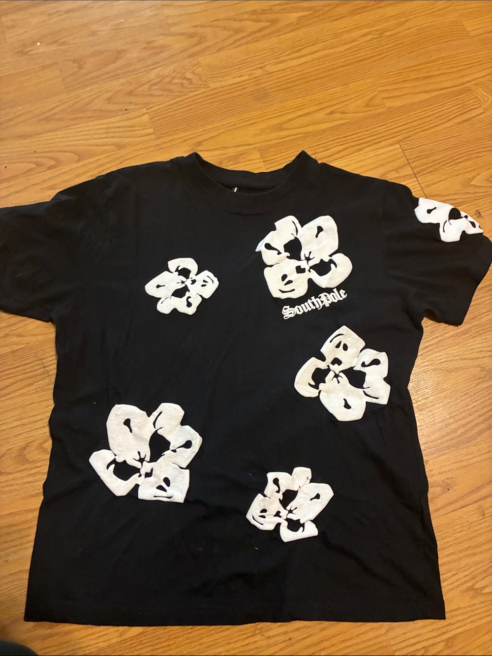 South Pole Black T-Shirt with White Floral Prints